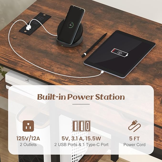Giantex Computer Desk with Drawers and Power Outlets Industrial Gaming Desk Computer Workstation with Adjustable Storage Shelf Headphone Hooks Study Writing Work Desk for Home Office