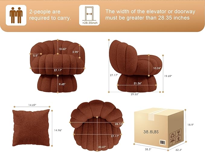 Teddy Fleece Swivel Vanity Chair - Armless Padded Accent Desk Chair for Bedroom Living Room Orange