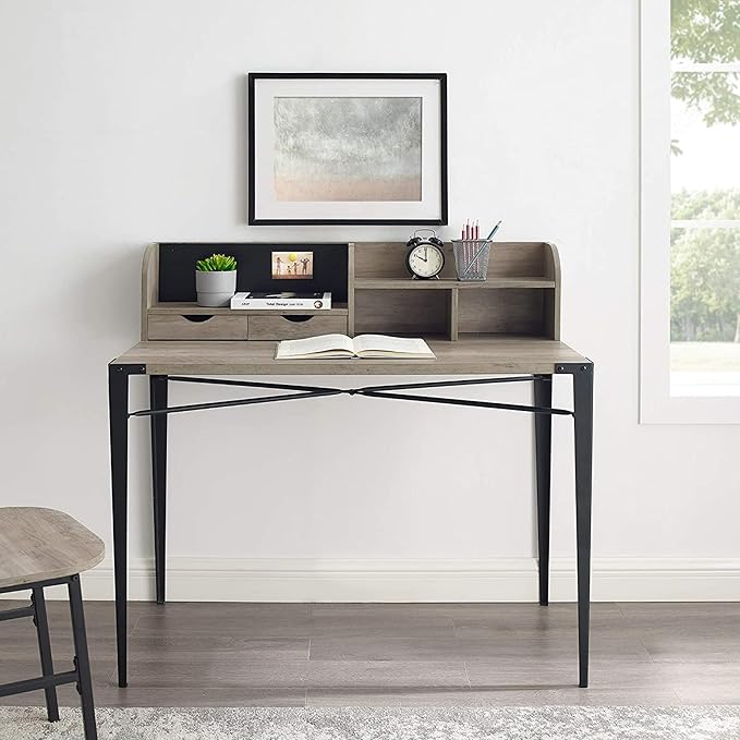 Industrial Modern Wooden Secretary Office Desk with Hutch - Grey Wash 42