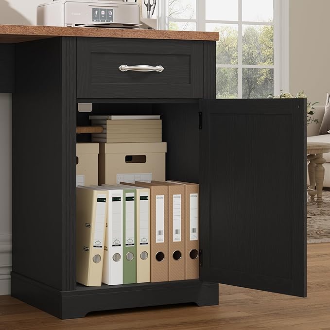 HIFIT Farmhouse Executive L Shaped Desk with Power Outlets 60 Corner Computer Desk with 3 Storage Drawers &amp 2 File Cabinets L Shaped Home Office Desk for StudyBlack