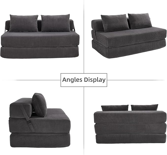 GNIXUU Fold Out Couch 3-in-1 Convertible Futon Sofa Bed with 2 Pillows Corduroy Foldable Floor Chair Boneless Loveseat Couches for Living Room Bedroom Small Spaces Gray