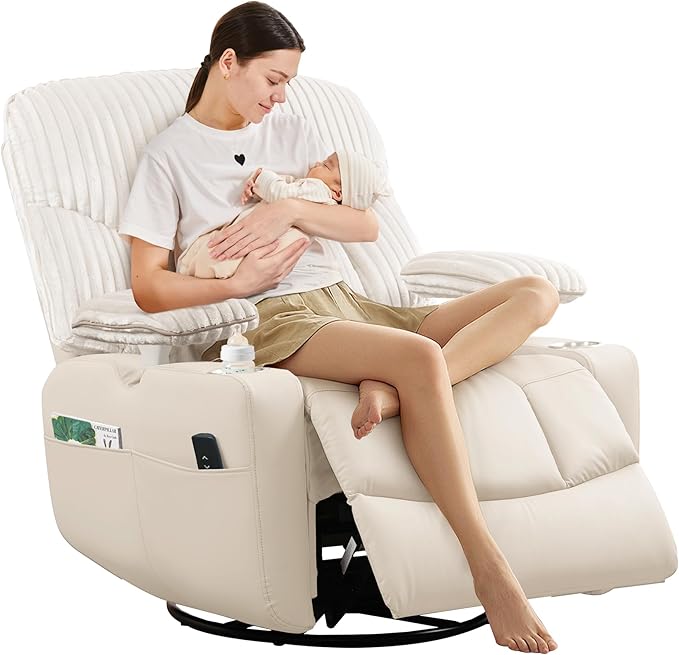 SUNWAVE Power Nursery Rocking Chair with Adjustable Armrests Nursing Chair with USB Cup Holders &amp Blanket Swivel Rocker Recliner with Corduroy and PU Leather Mixed Fabric (Beige)