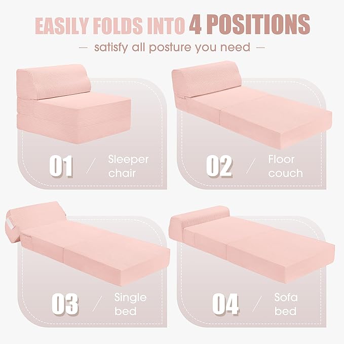 Folding Sofa Bed with Pillow Memory Foam Fold Out Chair Bed Convertible Sleeper Chair with Washable Cover Futon Floor Couch for Living Room/Dorm/Guest Use/Home Office/ApartmentPink