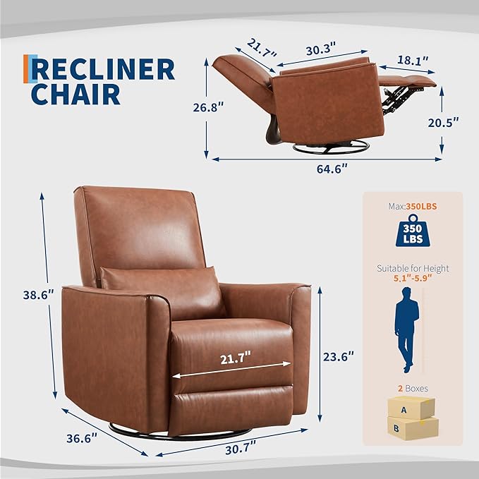 Garvee Swivel Rocking Recliner Chair for Living Room – Deep Seat PU Leather Glider – High Backrest Lumbar Support Padded Armrests – Comfortable Single Sofa for Nursery Bedroom Home Theater