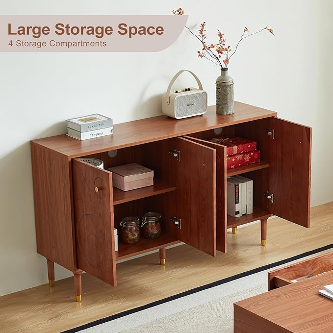Modern TV Stand for 65 inch TV 59 Entertainment Center with Carved Geometric Doors TV Console with 4 Cabinet Storage Retro Art-Inspired Media Console for Living Room/Bedroom - Walnut