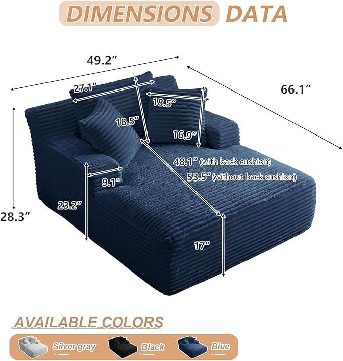 49.2 Oversized Chaise Lounge Chair IndoorCorduroy Boneless Reading Chair with 3 PillowsDeep Seat Cloud Sofa BedComfy Modern Sleeper Chairs in Box for Living Room BedroomNo Assembly(Blue)