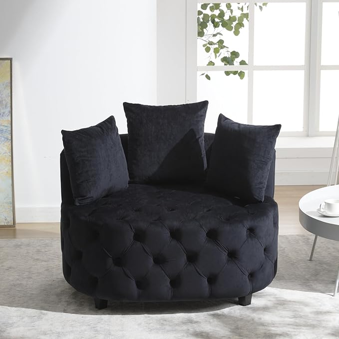 Modern Upholstered Tufted Barrel ChairVelvet Accent Chair with PillowsSingle Armrest Sofa Chair with Legs for Living RoomOfficeBedroom