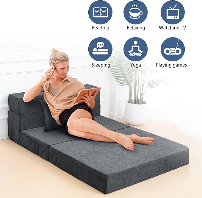 Folding Sofa Bed Chair with PillowConvertible Fold Out Chair Bed SleeperFoam Floor Mattress Foldable Futon Couch Bed for Living Room/Dorm/Guest/Office (Grey Twin)