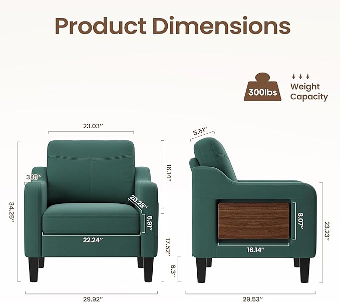 Accent Chair for Living Room Modern Linen Upholstered Armchair Side Wooden Fabric Sofa Chair with Foldable Table 2 Side Pockets Comfy Reading Chair for Bedroom