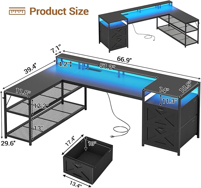 SEDETA 67 L Shaped Desk with Drawers Computer Office Desk with Storage Shelves &amp Power Outlet Reversible Gaming Desks with LED Lights for Home Office Black