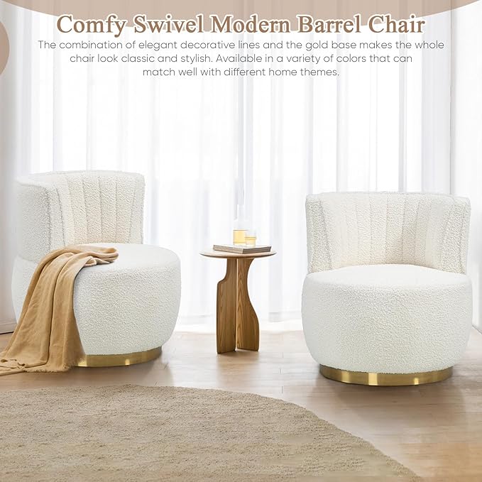 KINFFICT Swivel Barrel Chair Modern Upholstered Accent Chair 360° Swivel Round Lounge Chair with Gold Metal Base Comfy Arm Chair Sherpa Chair for Nursery Living Room Bedroom Club White