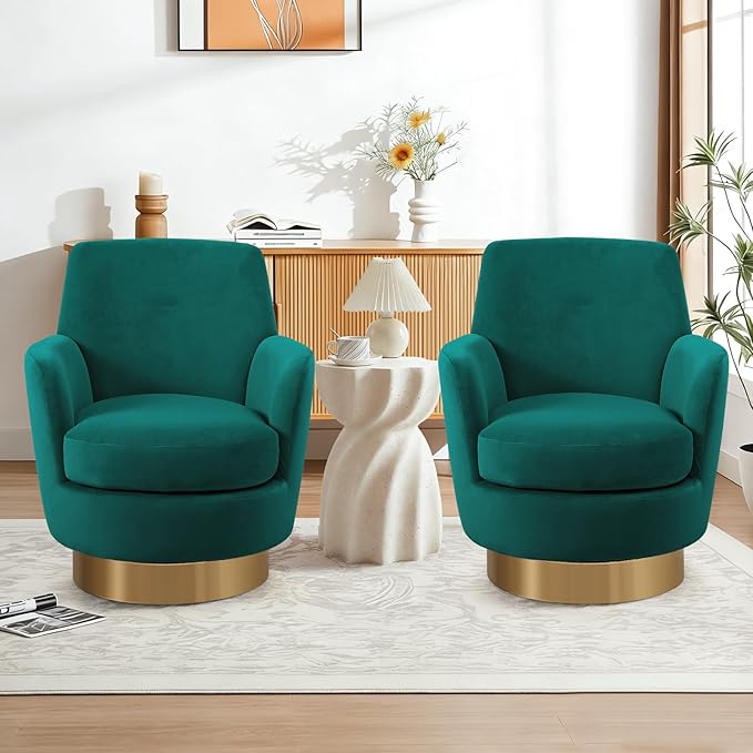 360° Swivel Barrel Chair Set of 2 28.3 Modern Velvet Round Accent Chair Comfy Upholstered Small Armchair with Gold Metal Base for Living Room Bedroom Nursery Office Sillas para Sala Emerald