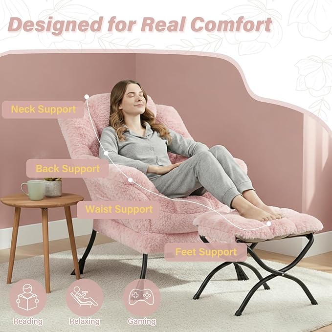 Lazy Chair and Ottoman Large Contemporary Plush Pink Accent Chair with Side Pocket Modern Leisure Upholstered Reading Armchair with Footrest for Office Bedroom Living Room Dorm Balcony