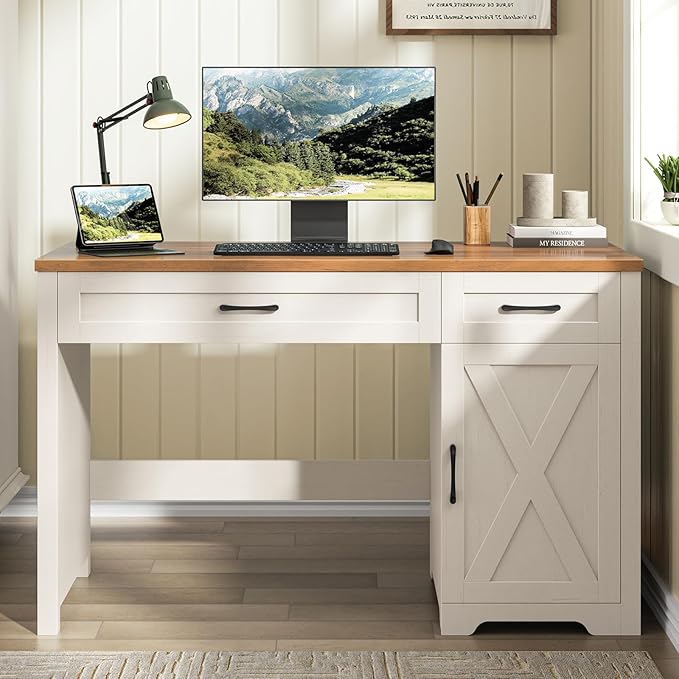 Vabches Farmhouse 47 Executive DeskComputer Desk with Drawers and Storage Cabinet Home Office Desk for Work and Study.