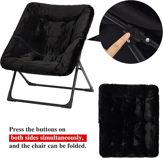 Comfy Saucer Chair for Adults Soft Faux Fur Bedroom Chair with Ottoman Accent Dorm Chairs Living Room Reading Chairs and Footstool Folding Seat for Teens X-Large Black