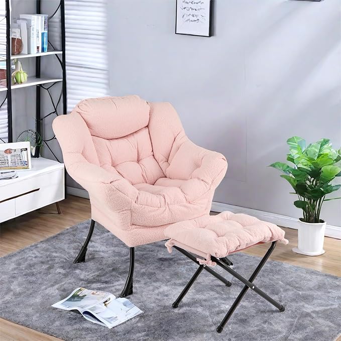 GORELAX Lazy Chair with Ottoman Modern Accent Chair w/Armrests &amp Side Pocket Upholstered Lounge Sofa Chair &amp Folding Footstool Set Reading Chair for Bedroom Living Room Dorm Room (Plush P
