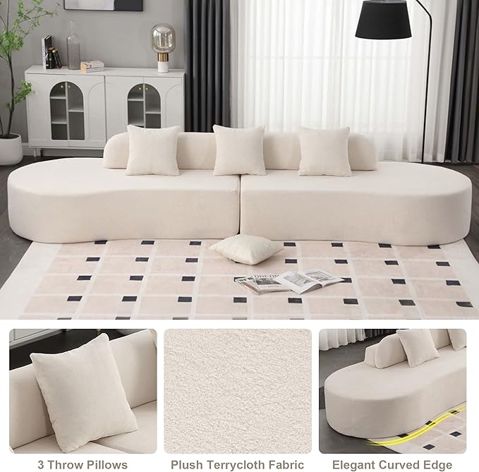 130.5” Oversized Curved Sectional Sofa Modern Cloud Curved Couch Boneless Compression Sofa with 3 Pillows for Living Room Apartment Office No Assembly Required Terrycloth Fabric Beige