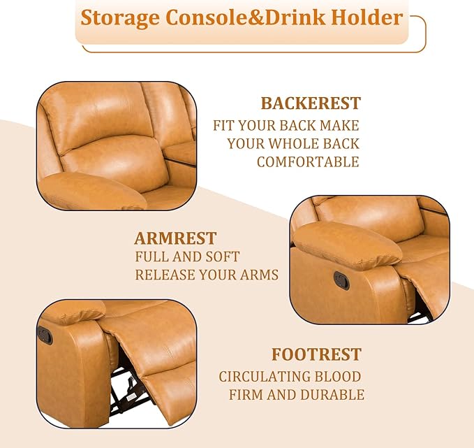 2 Seaters Recliner Loveseat Leather Reclining Couch with Cup Holder and Center Console for Living Room/Apartment/Office Ginger