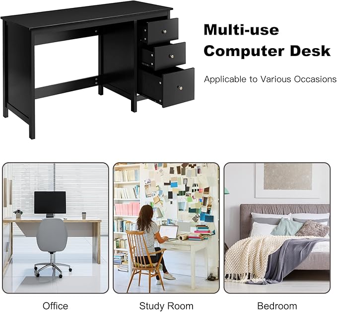 Computer Desk with Drawers 48’’ x 20’’ x 29.5’’ Home Office Computer Workstation Modern Executive Desks Teens Writing Study Table Laptop Desk for Bedroom Study Small Space (Black)