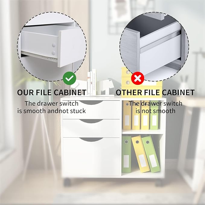 QDSSDECO 3-Drawer with Shelf Wood File Cabinet Mobile Lateral Filing Cabinet with Rolling Wheel Printer Stand and Open Adjustable Storage Shelves for Home Office White