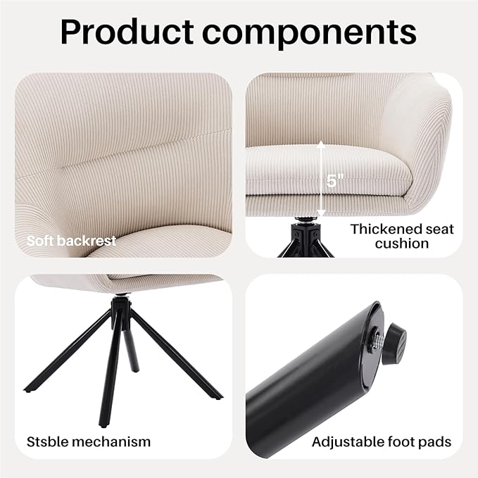 Modern Office Desk Chair Swivel Accent Chair No Wheels Fabric Upholstered Arm Chair Ergonomic Swivel Vanity Chair with Mid Back Arm Chair for Living Room Bedroom Home Office Beige
