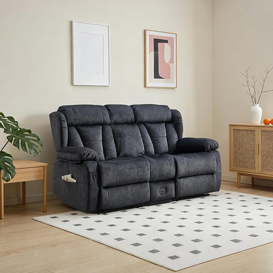 Loveseat Recliner Sofa Velvet Loveseat Reclining with Console for Living Room RV Recliner Couch with Cup Holder/AC/USB C/USB and Drawer Manual Reclining Love seat Couch (Gray)