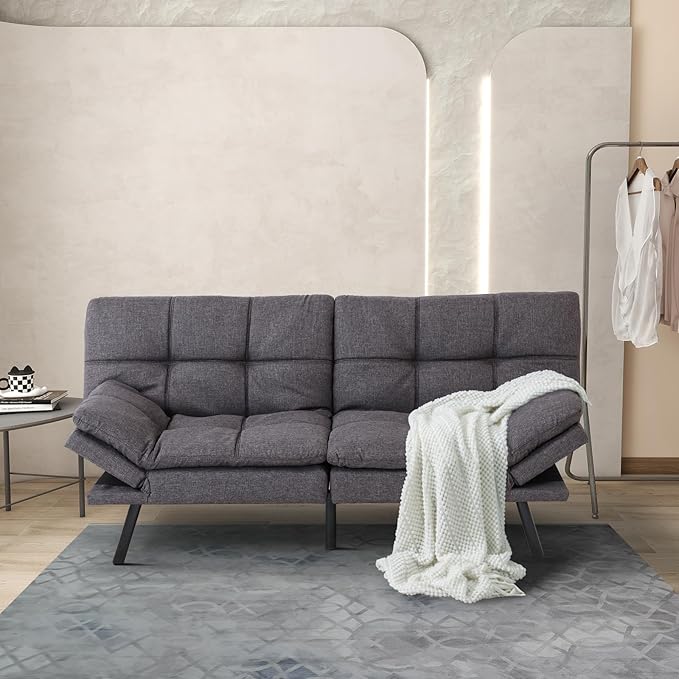 MUUEGM 71 Futon Couch Filled with Memory Foam Convertible Futon Sofa Bed with Adjustable Backrest Armrest Folding Futon for Living Room Small Space Loveseat for Sleeper(Fabric Dark Gray)