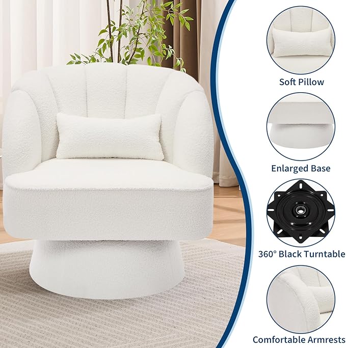 Swivel Vanity Chair with Pillow - Modern 360° Swivel Barrel Accent Chair with Arm Support &amp Striped Backrest Upholstered Armchair Lounge Club Chair for Living Room Bedroom Reading Nook - Beige