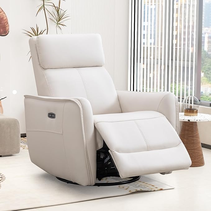Bonzy Home Power Swivel Rocker Recliner Chair with USB Port Wide Seat Head &amp Lumbar Support Upholstered Glider Chair for Living Room Nursery Bedroom Cream White
