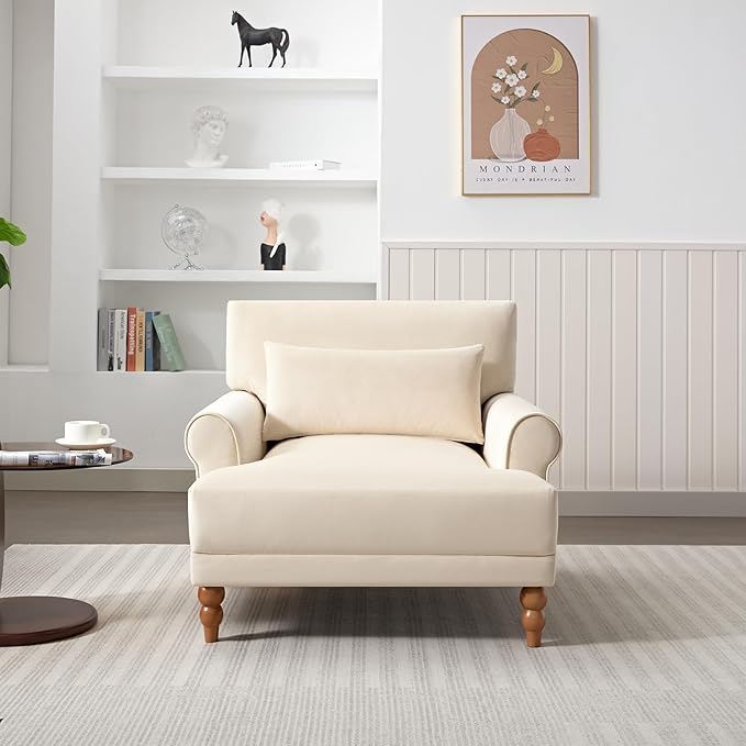 Christopher Knight Home Accent Chair Velvet Club Chair Upholstered Lounge Chair Large Size Armchair Roman Column Legs Cozy Reading Single Sofa Chair for Living Room Bedroom Home Study Beige