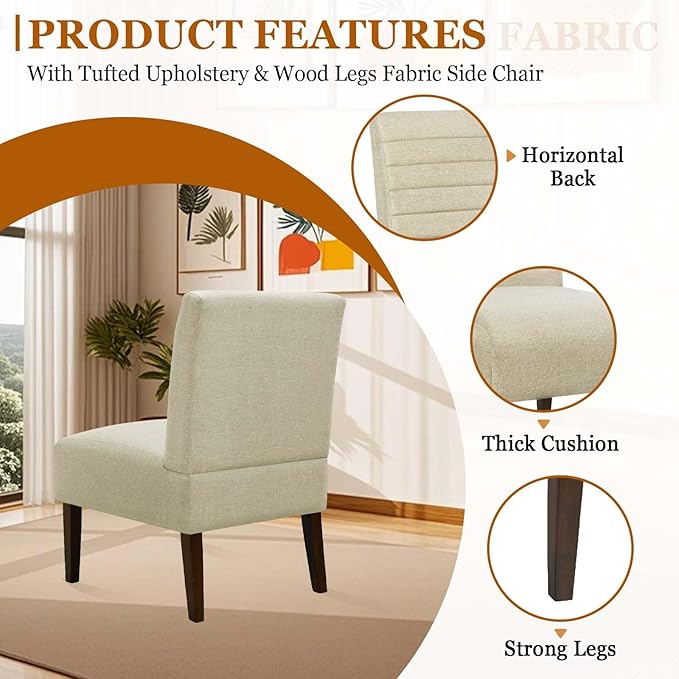 Modern Accent Chair for Living Room Upholstered Armless Slipper Chair with Back &amp Wood Legs Comfy Small Chair for Bedroom Living Room Reading Spaces Office (Beige)