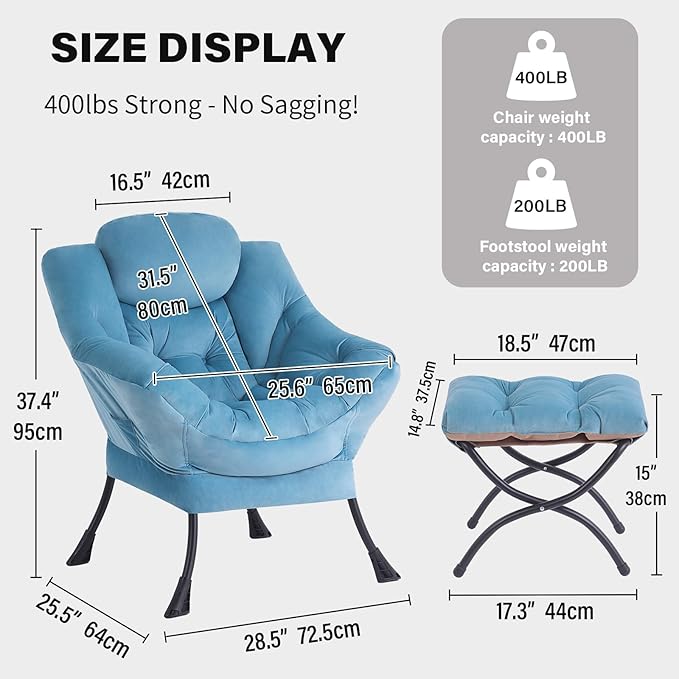 Tiita Lazy Chair with Ottoman Blue Chiars Modern Large Accent Armchair Comfy Leisure Sofa Reading Chair with Footrest for Bedroom Living Room Dorm Rooms Garden Velvet Light Blue