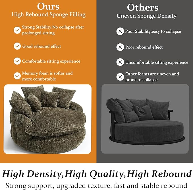 54 Oversized Round Chair Couch Lounge Chaise Indoor Comfy Boneless Sofa for Living Room Cloud Large Circle Couch Chair with 5 Pillows Fluffy Modern Sleeper Sofa Bed for Reading (Olive Green)