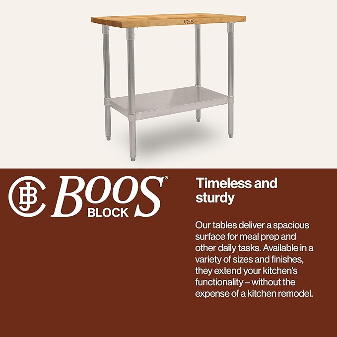 John Boos Maple Wood Top Work Table 36”x24”x36” – 1.5” Thick Tabletop 68-lb Kitchen Station with Wooden Edge-Grain Table &amp Steel Base &amp Adjustable Shelf