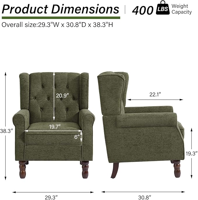 Accent Chair Upholstered Armchair with Button Tufted High Back &amp Solid Wood Legs Comfy Wingback Reading Single Sofa Chair for Small Spaces Living Room Bedroom (Green Set of 1)