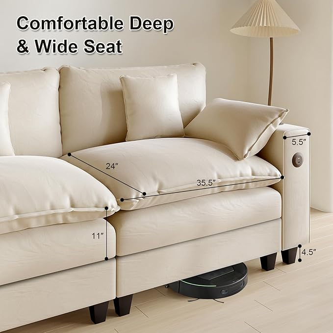 116 Modular L Shaped Cloud Couch Sectional Couches for Living Room with Ottoman Chenille Deep Seat Sofa Cloud Sectional Couch with Charging Station Cup Holder Side Pocket Beige
