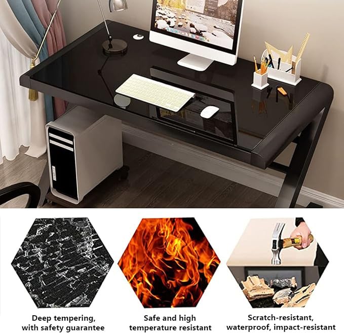 Tempered Glass Computer Desk Modern Design Student Writing Desk Study Desk Home Office Desk Gaming Desk Personal Workstation with Z-Shaped Metal Frame(39 Inch Black)