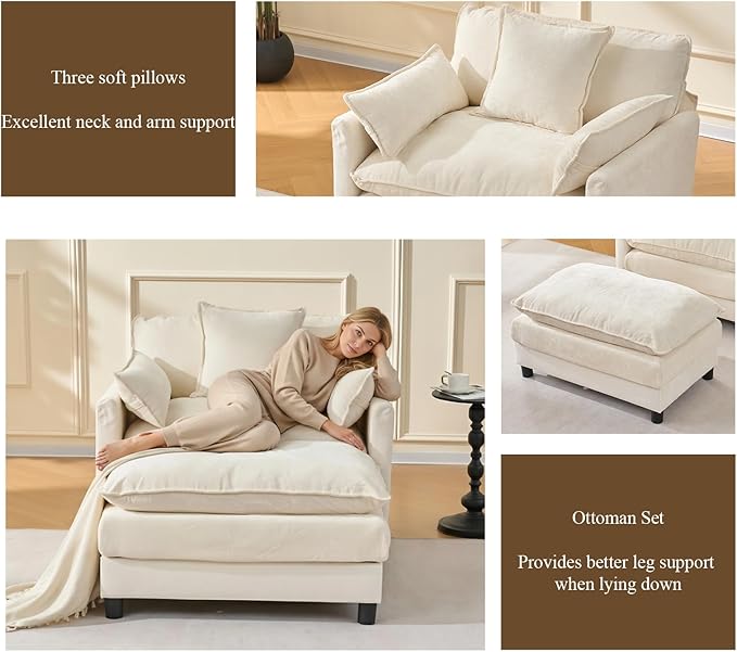 Oversized Accent Chair with Ottoman Chenille Cloud Single Sofa Upholstered Double-Layer Seat Lounge Armchair with Pillows for Living Room Reading Apartment Beige