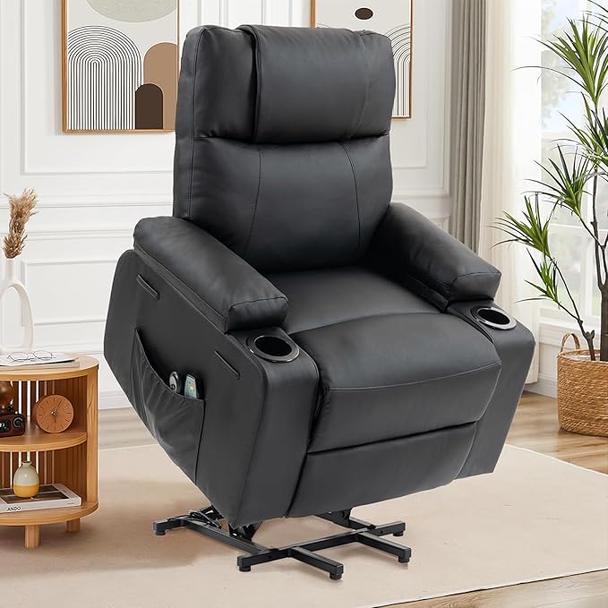 Power Lift Recliner Sofa Chair Electric Stand Assit for Elderly People Leather Reclining Chair with Cup Holders Massage &amp Heat Functions Living Room or Bedroom Furniture for Resting Black