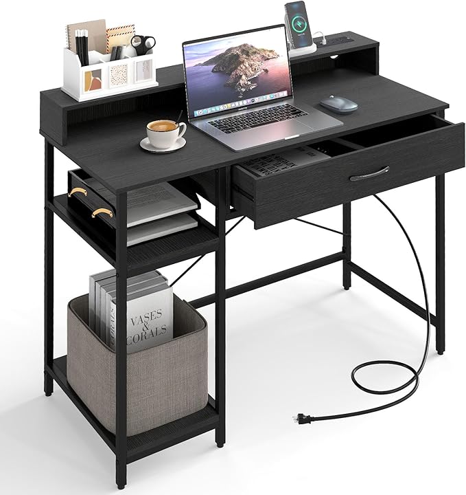 Giantex Computer Desk with Drawer 42 Small Computer Workstation w/Charging Station &amp Monitor Stand PC Laptop Desk w/Storage Shelves &amp Compartments Writing Desk for Small Space Home Office