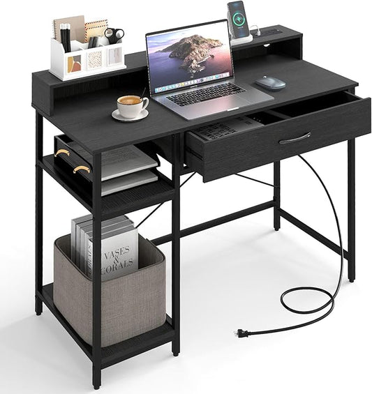 Giantex Computer Desk with Drawer 42 Small Computer Workstation w/Charging Station &amp Monitor Stand PC Laptop Desk w/Storage Shelves &amp Compartments Writing Desk for Small Space Home Office