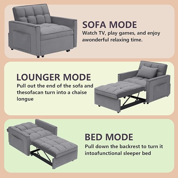 3 in 1 Convertible Sleeper Chair Modern Pull Out Couch Bed Single Recliner with Adjustable Back Velvet Futon Folding Sofa Bed Chair for Living Room Bedroom Small Spaces (Gray-1)