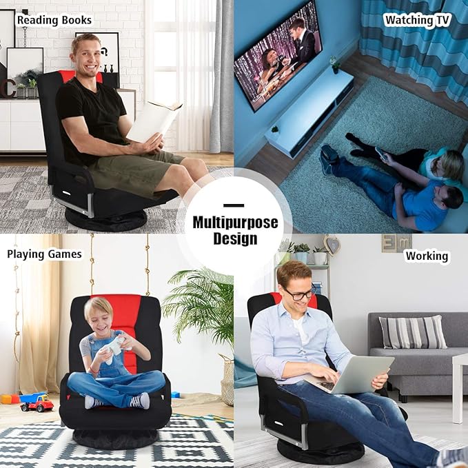Giantex Floor Chair 360 Degree Swivel Chair with Adjustable Backrest Lumbar Support Armrest Foldable Lazy Sofa Rocker for TV Reading Playing Video Games Black/Red