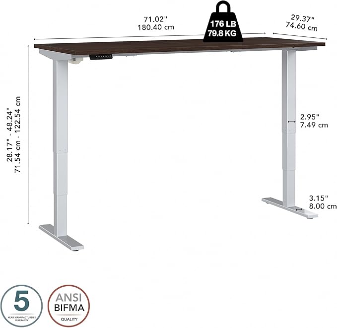 Bush Business Furniture 72-inch Electric Height Adjustable Standing Desk Ergonomic Sit-Stand Computer Table for Home and Professional Office Move 40 Series Black Walnut with Metallic Gray Base