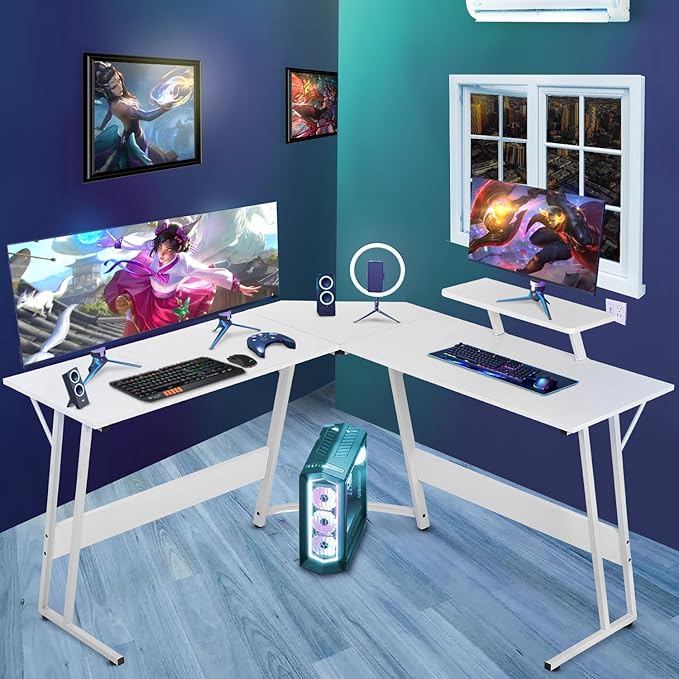 L Shaped Gaming Desk50.4 Computer Desk with Monitor Stand &amp Carbon Fiber SurfaceCorner Desk Gaming Table Home Office Study Writing WorkstationWhite