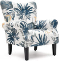 YOLENY Modern Accent ChairHigh Back ArmchairUpholstered Fabric Button Single Sofa with Wooden Legs for Living RoomBedroomBlue Leaves