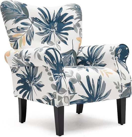 YOLENY Modern Accent ChairHigh Back ArmchairUpholstered Fabric Button Single Sofa with Wooden Legs for Living RoomBedroomBlue Leaves