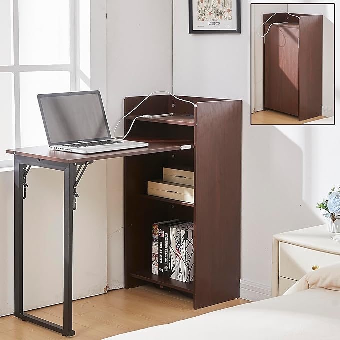 Fold Out Desk with Storage and Built-in Outlet Mid Century Foldable Desk for Small Spaces Hidden Folding Table for Home Office or Bedroom (Brown)
