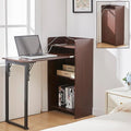 Fold Out Desk with Storage and Built-in Outlet Mid Century Foldable Desk for Small Spaces Hidden Folding Table for Home Office or Bedroom (Brown)