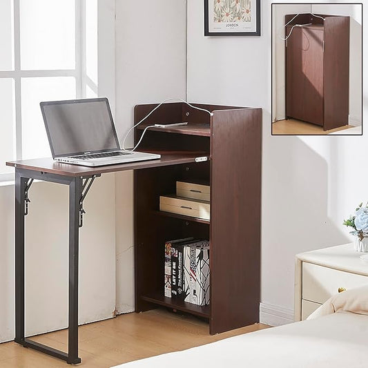 Fold Out Desk with Storage and Built-in Outlet Mid Century Foldable Desk for Small Spaces Hidden Folding Table for Home Office or Bedroom (Brown)